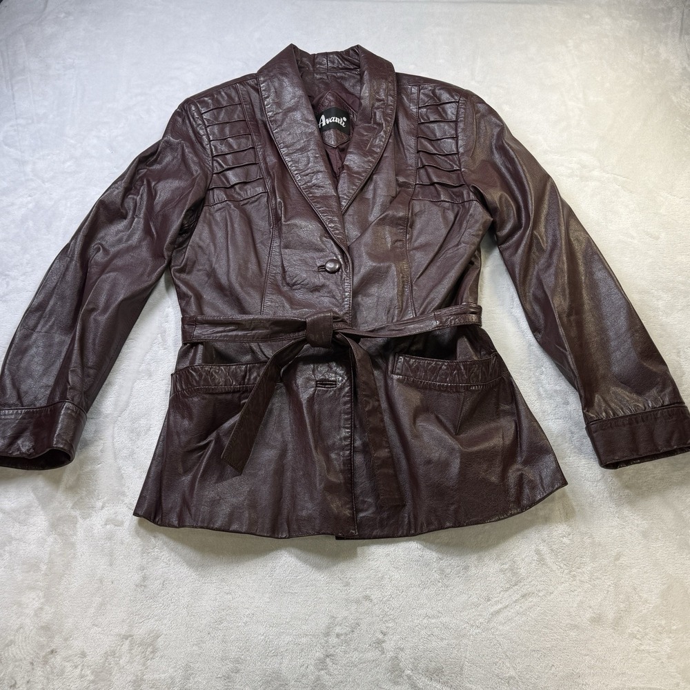 Vintage 70s 80s Avanti Burgundy Genuine Cowhide Leather Belted Jacket Women 12P
